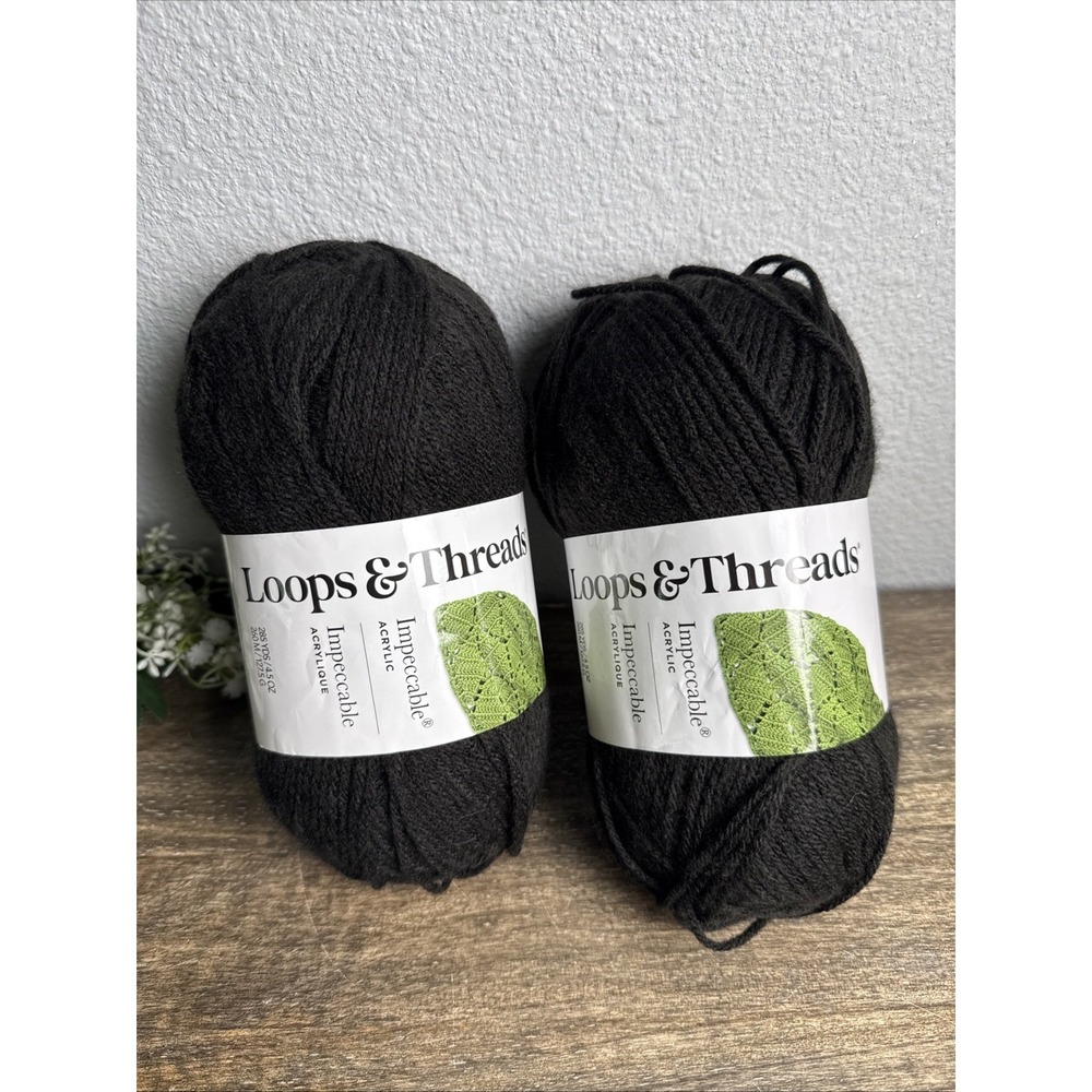2 Skeins Loops & Threads Impeccable Worsted #4 Yarn #01040 Black 268 yds Acrylic